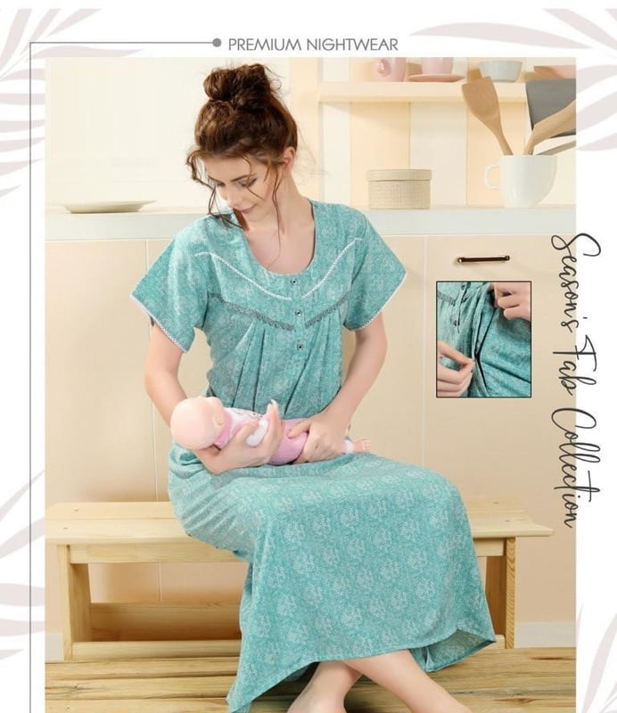 Minelli Printed Maternity / Feeding Full Length Cotton Nighty - Light Blue Minelli Printed Maternity / Feeding Full Length Cotton Nighty - Light Blue