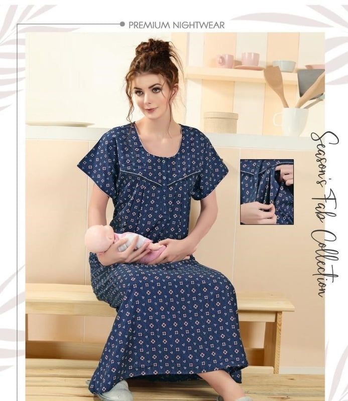 Minelli Printed Maternity / Feeding Full Length Cotton Nighty - Blue Prints Minelli Printed Maternity / Feeding Full Length Cotton Nighty - Blue Prints