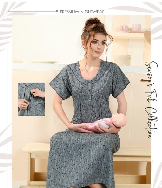 Minelli Printed Maternity / Feeding Full Length Cotton Nighty - Grey Minelli Printed Maternity / Feeding Full Length Cotton Nighty - Grey