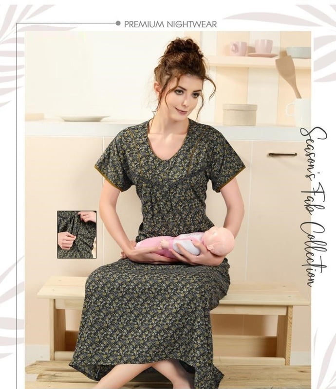 Minelli Printed Maternity / Feeding Full Length Cotton Nighty - Grey Flower Minelli Printed Maternity / Feeding Full Length Cotton Nighty - Grey Flower