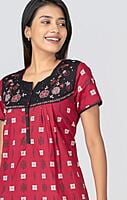 Maybell Geometric Tribal Motif Print Nighty With Floral Embroidery Red