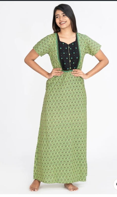 Maybell All Over Geometric Motif Print With Contrast Embroidered Yoke Nighty - Green