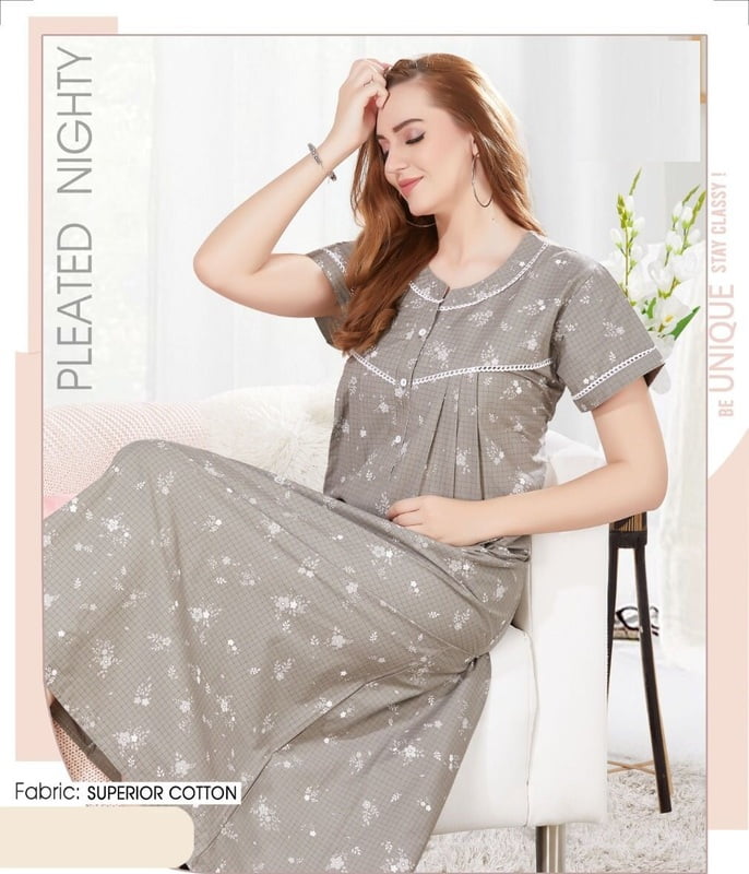 Minelli WomensSuperior Cotton Pleated Nighty - Grey Minelli WomensSuperior Cotton Pleated Nighty - Grey