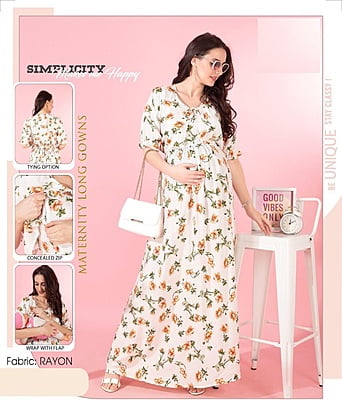 Minelli Printed Maternity / Feeding Full Length  Nighty - 8058A