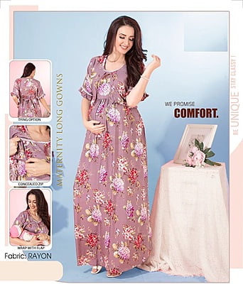 Minelli Printed Maternity / Feeding Long Rayon Gown - 8059B