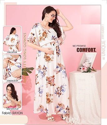 Minelli Printed Maternity / Feeding Long Rayon Gown - 8067A