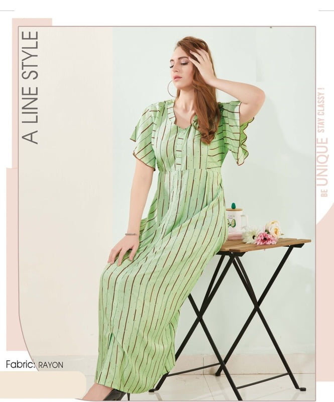 Minelli Alpine Rayon Nightdress - Green Stripes