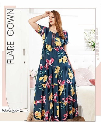 Minelli Womens Printed Ghagra Flare Nighty Gown - 8137A