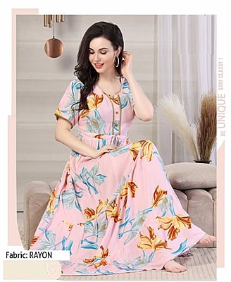 Minelli Womens Printed Ghagra Flare Nighty Gown - 8137B