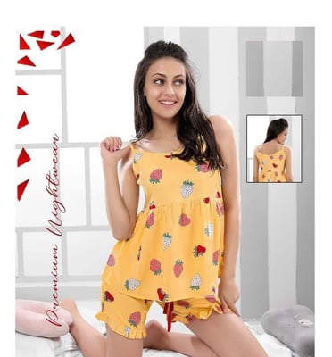 Minelli Women's Rayon Printed Night Shorts Bermuda Set - Yellow Strawberry