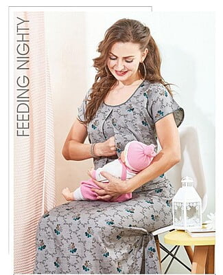 Minelli Printed Maternity / Feeding Full Length Cotton Nighty - 8434