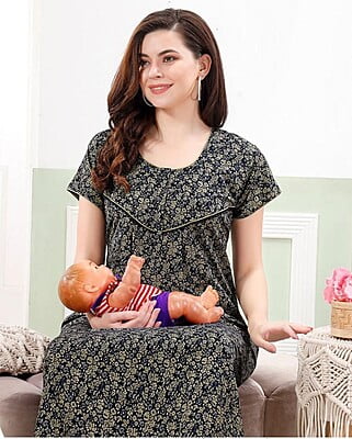 Minelli Printed Maternity / Feeding Full Length Cotton Nighty - 8435