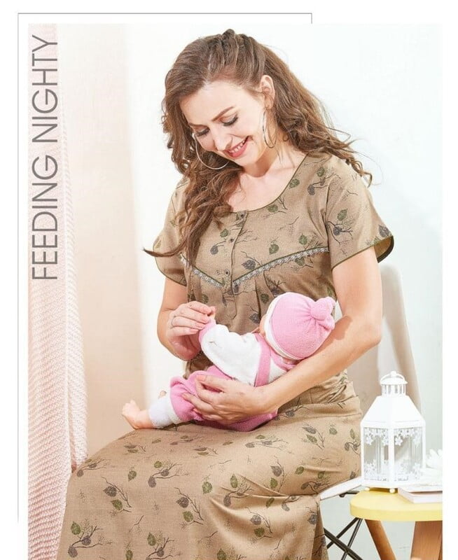 Minelli Printed Maternity / Feeding Full Length Cotton Nighty - 8440