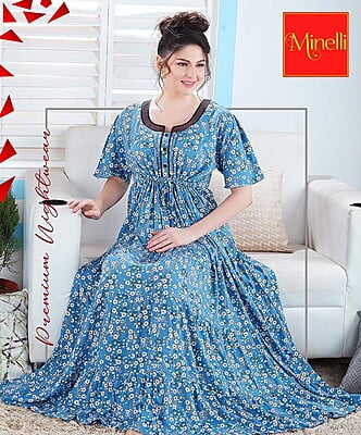 Minelli Womens Printed Ghagra Nighty - Blue Flowers