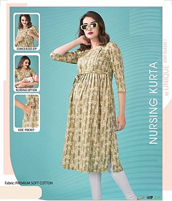 Minelli Printed Maternity / Feeding / Nursing Premium Soft Cotton Kurti or Gown - 8657B