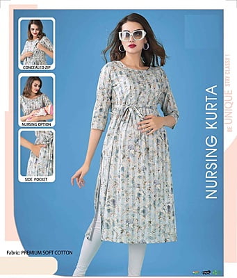 Minelli Printed Maternity / Feeding / Nursing Premium Soft Cotton Kurti or Gown - 8659B