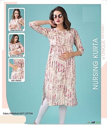 Minelli Printed Maternity / Feeding / Nursing Premium Soft Cotton Kurti or Gown - 8663B