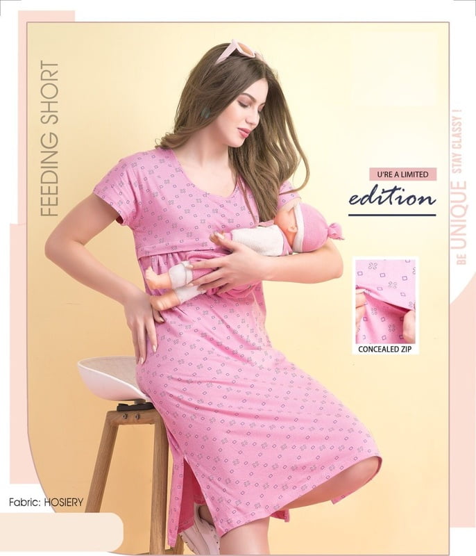 Minelli Printed Maternity / Feeding Short Length Hosiery Nighty - 8908 Minelli Printed Maternity / Feeding Short Length Hosiery Nighty - 8908