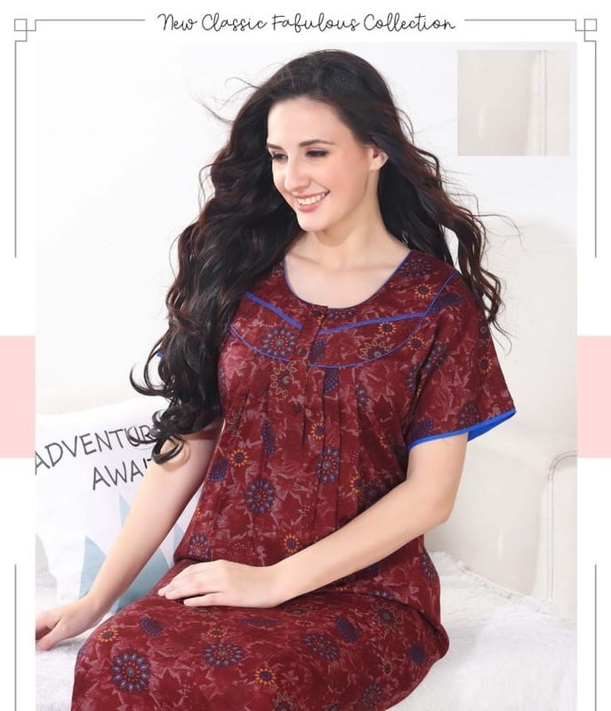 Minelli Full Length Cotton Nightdress - Red Flower Pattern