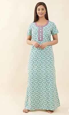 Maybell Abstract Print With Geometric Embroidered Yoke Nighty - Green
