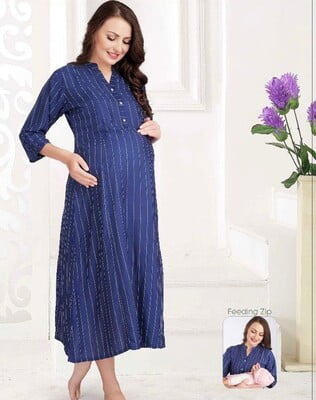Minelli Printed Maternity / Feeding Gown - Blue Stripes
