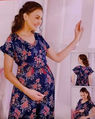 Minelli Printed Maternity / Feeding Gown - Blue Flower