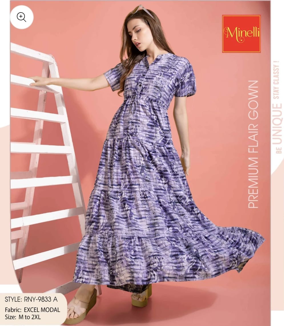 Minelli Womens Printed Flare Ghagra Gown Nighty - 9833