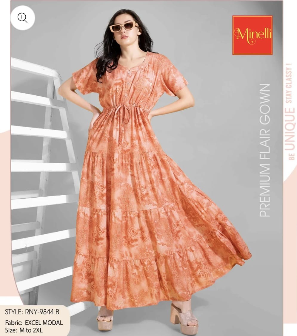 Minelli Womens Printed Flare Ghagra Gown Nighty - 9844