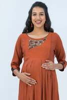 Young Mother Maternity & Nursing Kurta Rustic Floral Embroidered - Rust Young Mother Maternity & Nursing Kurta Rustic Floral Embroidered - Rust