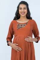 Young Mother Maternity & Nursing Kurta Rustic Floral Embroidered - Rust