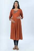Young Mother Maternity & Nursing Kurta Rustic Floral Embroidered - Rust Young Mother Maternity & Nursing Kurta Rustic Floral Embroidered - Rust