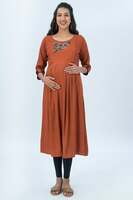 Young Mother Maternity & Nursing Kurta Rustic Floral Embroidered - Rust