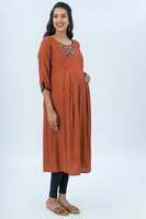 Young Mother Maternity & Nursing Kurta Rustic Floral Embroidered - Rust Young Mother Maternity & Nursing Kurta Rustic Floral Embroidered - Rust