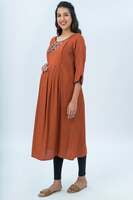 Young Mother Maternity & Nursing Kurta Rustic Floral Embroidered - Rust