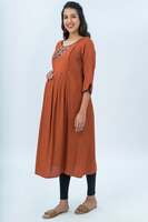 Young Mother Maternity & Nursing Kurta Rustic Floral Embroidered - Rust Young Mother Maternity & Nursing Kurta Rustic Floral Embroidered - Rust