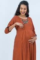 Young Mother Maternity & Nursing Kurta Rustic Floral Embroidered - Rust Young Mother Maternity & Nursing Kurta Rustic Floral Embroidered - Rust