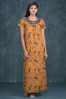 Maybell - Vintage Floral Printed Nighty - Mustard