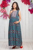 Young Mother KANTHA FLORAL DETAIL MATERNITY & NURSING MAXI DRESS WITH WAISTCOAT – NAVY BLUE