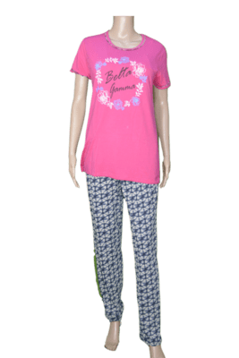 Women's Cotton Printed Night Suit Set (pink With Black)