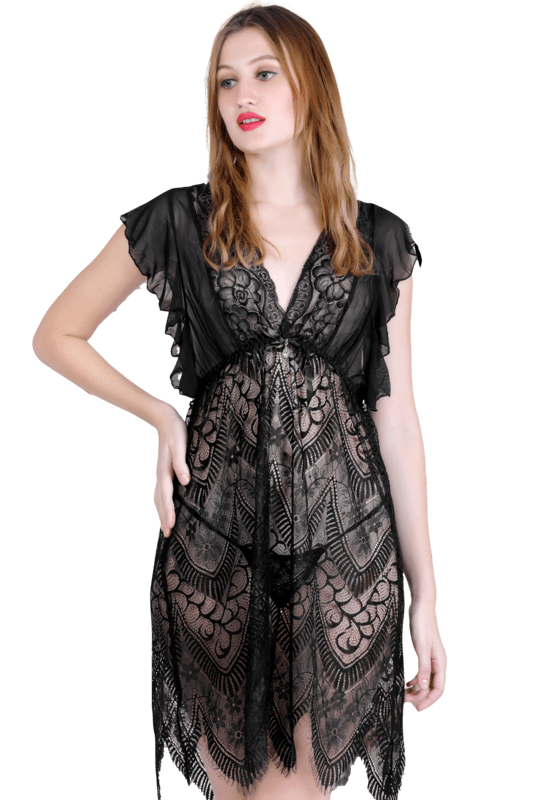 Lace N Mesh Babydoll with matching Thong - Black