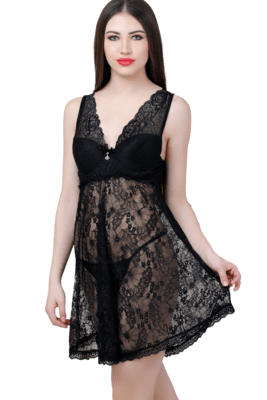 Lace N Mesh Babydoll With matching Thong - Anthracite