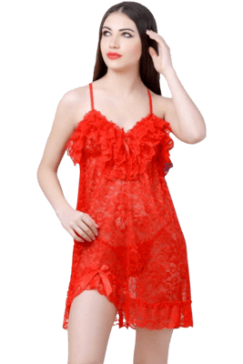 Lace N Mesh Babydoll With matching Thong - Red