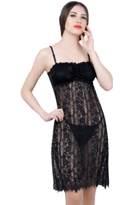 Lace N Mesh Babydoll With matching Thong - Black