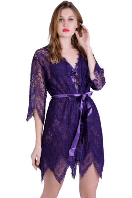 Lace N Mesh Babydoll Three Piece Set with matching Thong - Violet