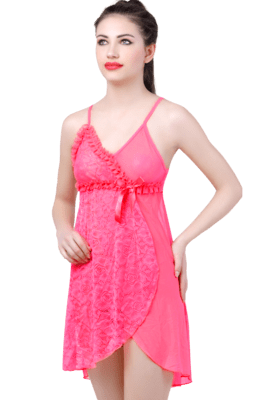 Lace N Mesh Babydoll Pattern with matching Thong - Neon Pink