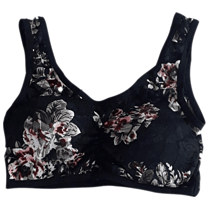 Soft Padded Flower Printed Net Polyester Cotton Sports Bra (Black)