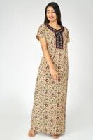 Ethnic embroidery with mirror work on Kalamkari printed nighty Ethnic embroidery with mirror work on Kalamkari printed nighty