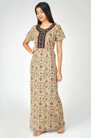 Ethnic embroidery with mirror work on Kalamkari printed nighty Ethnic embroidery with mirror work on Kalamkari printed nighty