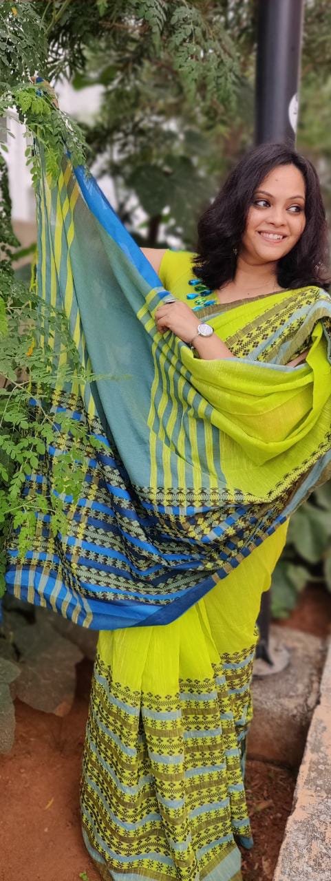 Neon Green Kolkata Traditional Mangalkiri Soft Cotton- Hand Crafted