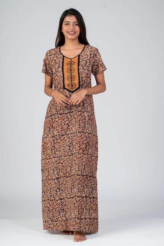 KALAMKARI PRINTED NIGHTY - BROWN